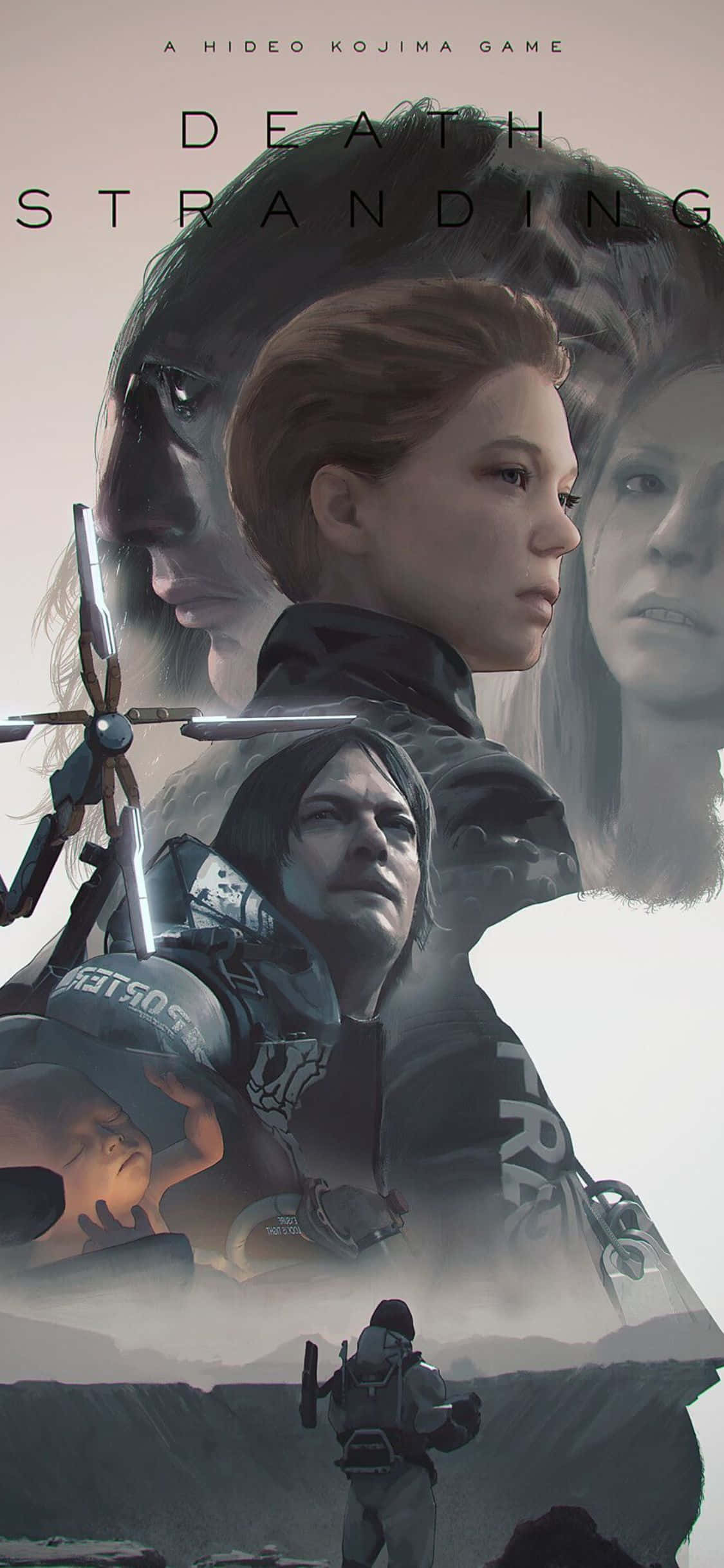 在 iPhone X 上揭開《死亡搁淺》的奧秘 壁紙 — 一張令人難忘的 Death Stranding 數位藝術海報，包含分層的角色肖像和一個孤獨的身影穿越荒涼的景觀。