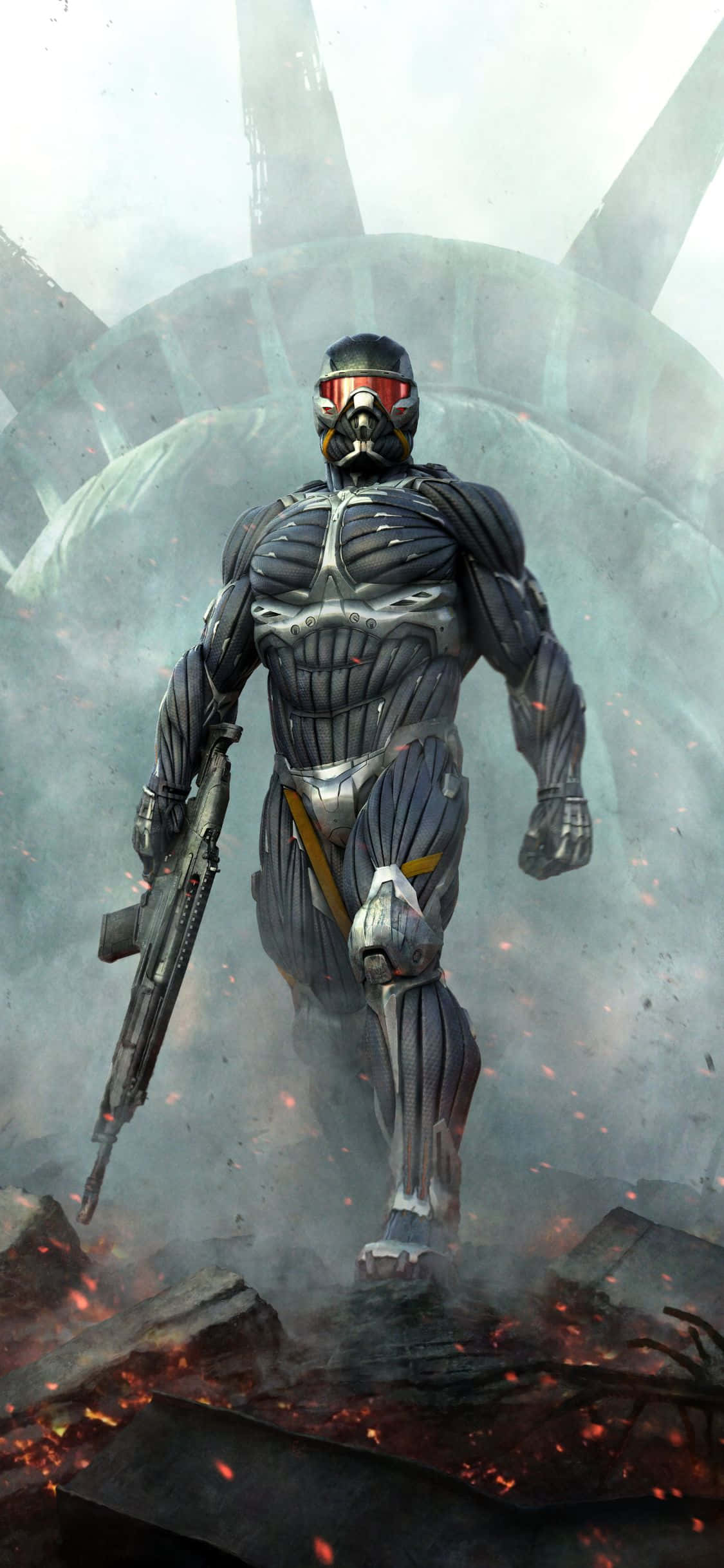 在 iPhone X 上暢玩 Crysis 3 壁紙 — 一名身穿重型裝甲的士兵，戴著發光的紅色護目鏡，在煙霧和餘燼中穿過廢墟般的未來城市景觀。