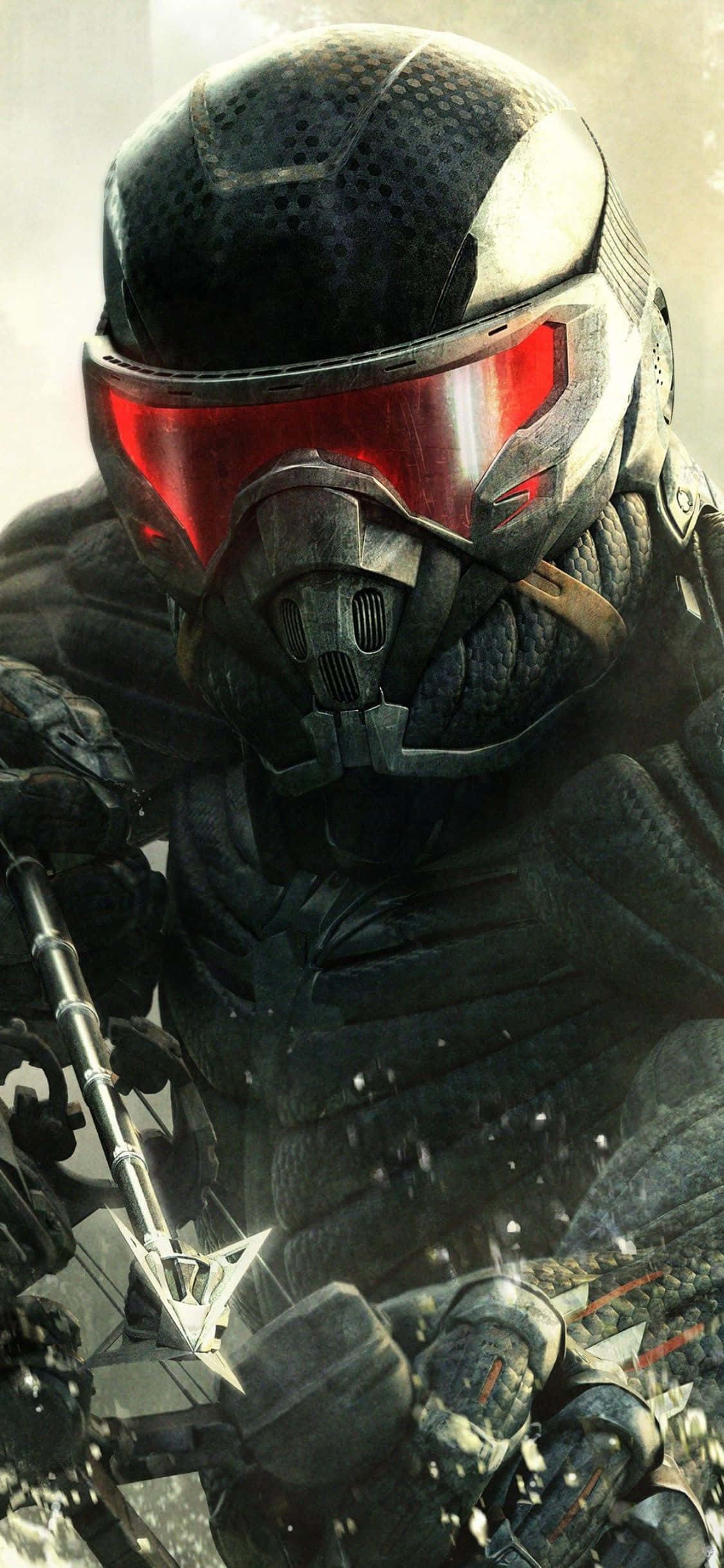 在 iPhone X 上暢玩 Crysis 3 壁紙 — 一名身穿暗色盔甲、配備紅色發光面罩的未來戰士，站在充滿煙霧的惡劣環境中。