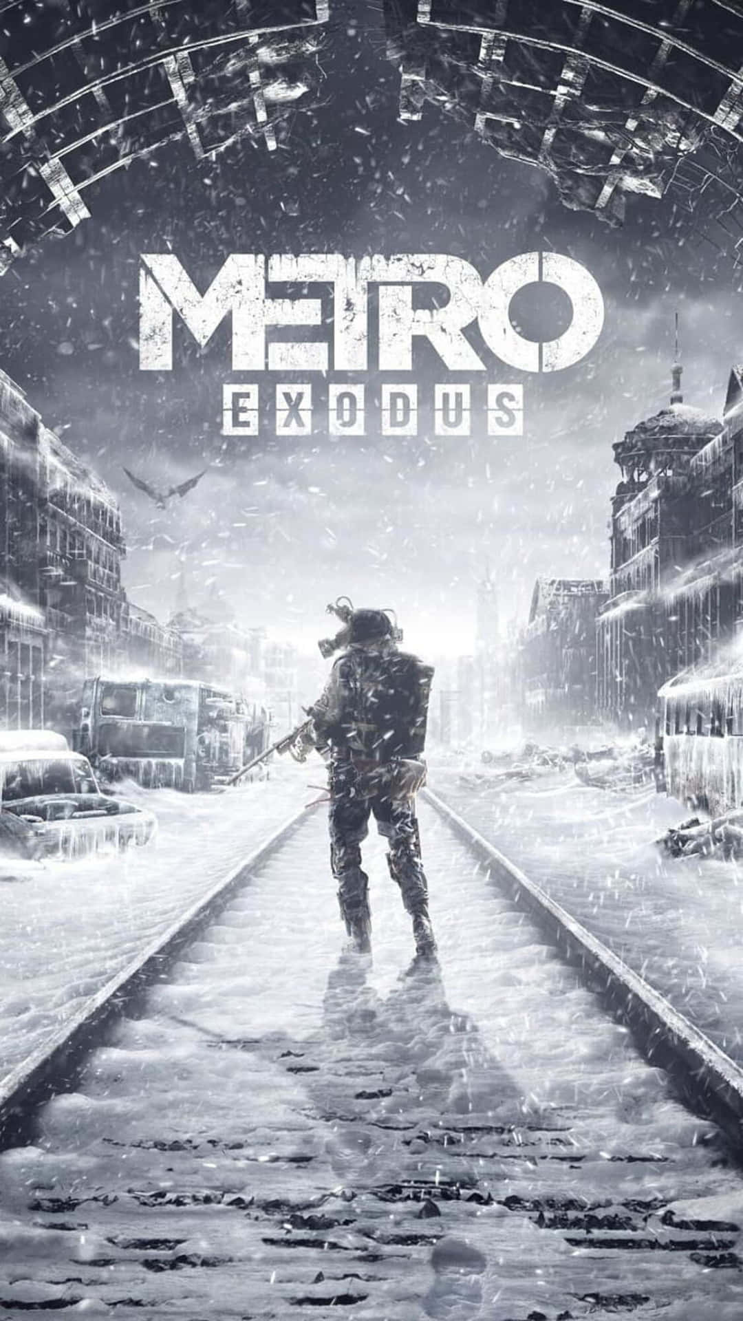 一個士兵沿住被雪覆蓋嘅火車軌，穿過一個冬天嘅廢墟城市。