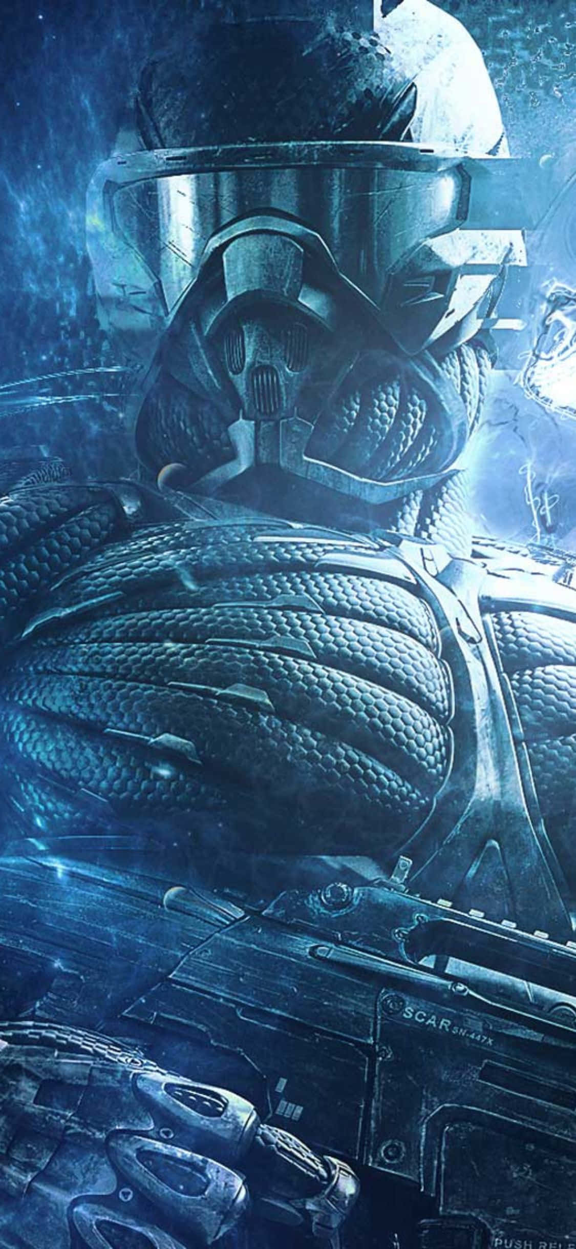 在 iPhone X 上體驗 Crysis 3 的非凡遊戲體驗 壁紙 — 一名身穿裝甲裝備的未來戰士，在冰藍色燈光和霜凍紋理下手持步槍。