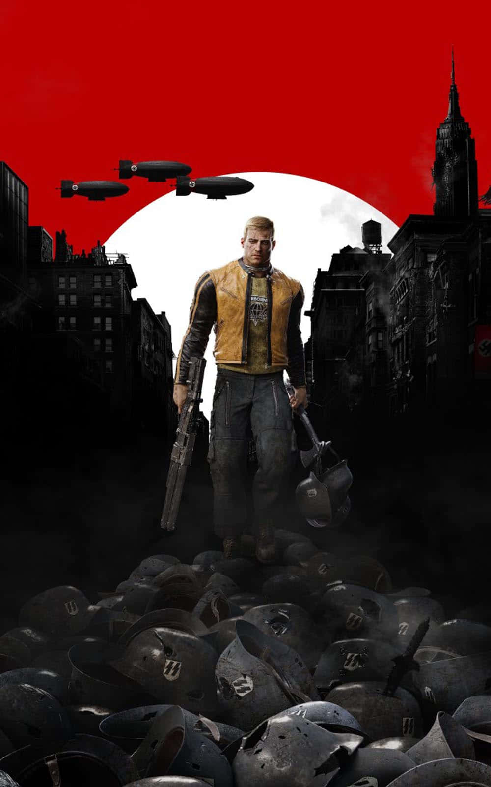 士兵站在廢墟城市的頭盔堆上，紅色天空有飛船。