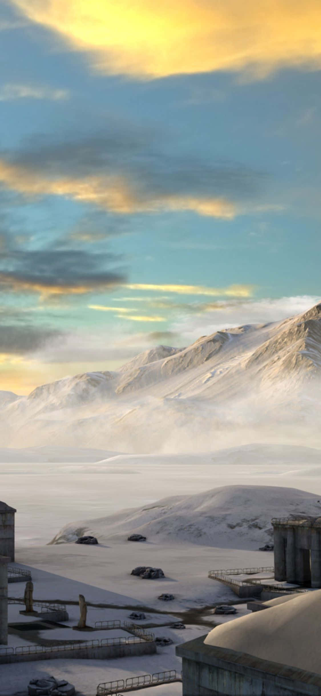 在 iPhone X 上體驗《塔洛斯的原則》的刺激 壁紙 — 白雪覆蓋的山地景觀，古老遺跡在金色夕陽天空下。