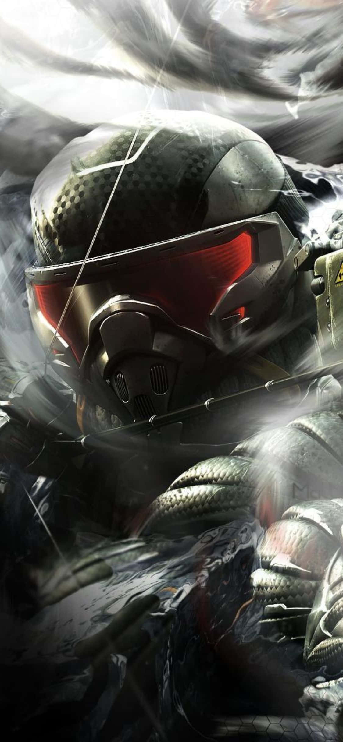 在 iPhone X 上體驗刺激的 Crysis 3 遊戲冒險 壁紙 — 一名未來戰士戴著黑色頭盔，紅色護目鏡發光，衝過風暴戰場。