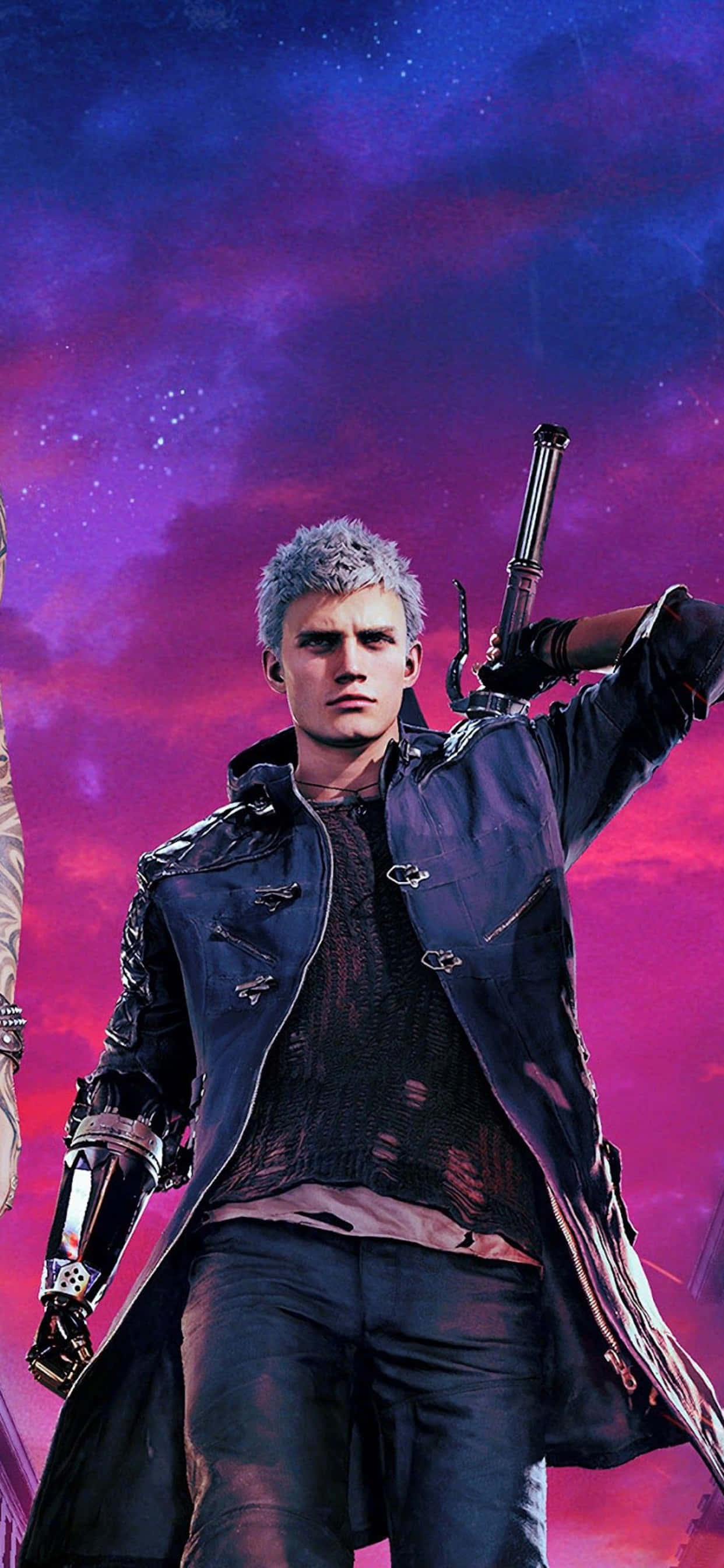 在 iPhone Xs Max 上體驗《Far Cry 5 最終版》的刺激 壁紙 — 一位銀髮戰士穿著深色外套，在充滿活力的紫色和粉紅色星空下持槍。
