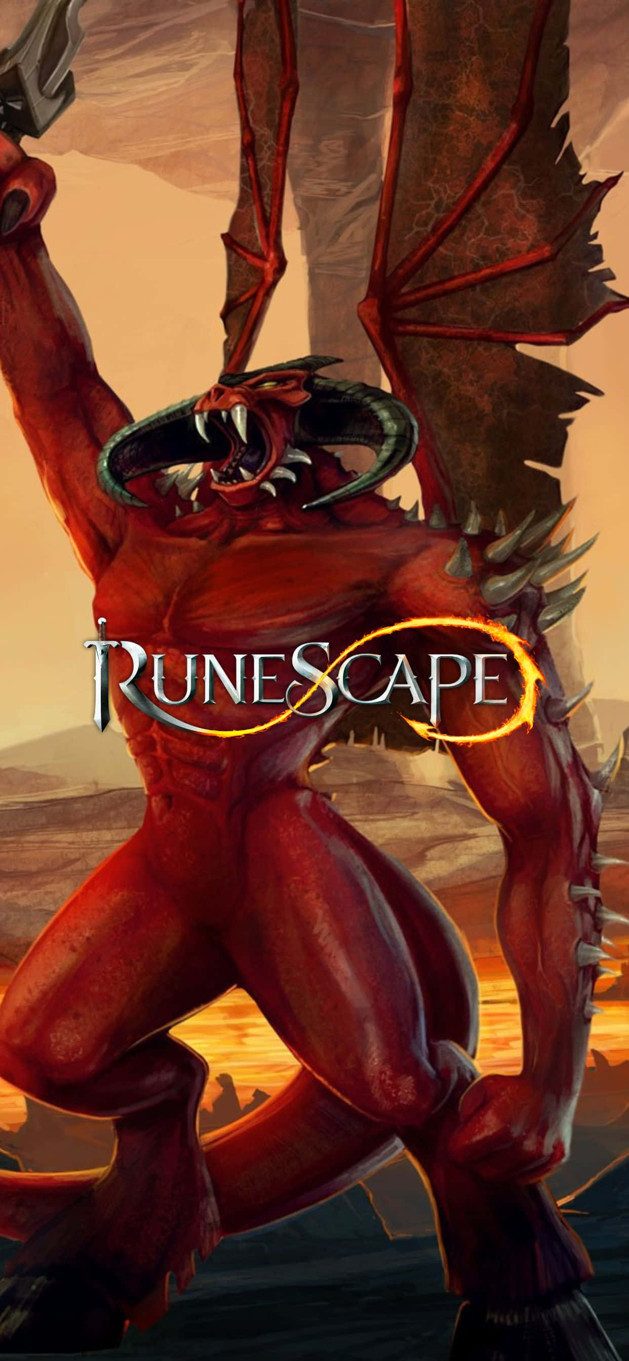 在 iPhone XS Max 上探索《RuneScape》的世界 壁紙 — 一個帶有角和翅膀的威脅性紅色惡魔，在熾熱的日落背景下舉起武器。