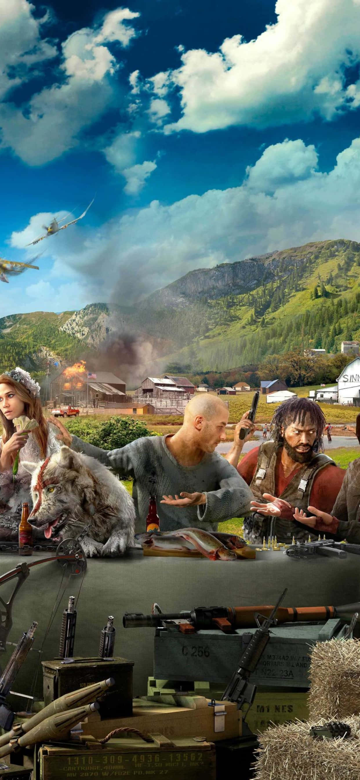 在 iPhone Xs Max 上享受《Far Cry 5》遊戲時光 壁紙 — 一個超現實的山地景觀，戰士和一隻狼聚集在一輛坦克周圍，伴隨著爆炸和戰鬥機。