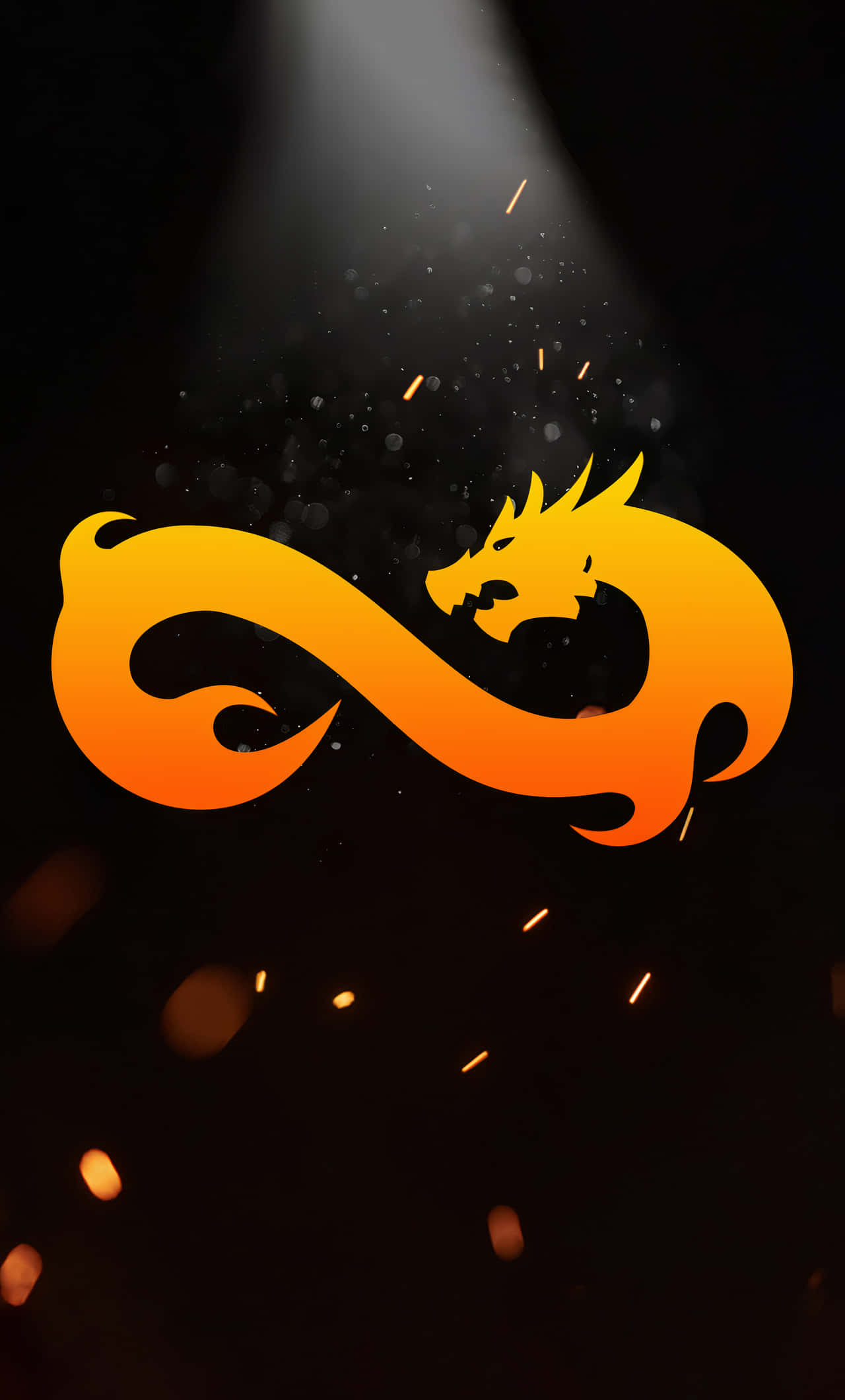 在 iPhone XS Max 上遊玩《反恐精英：全球 Offensive》 壁紙 — 一個風格化的橙色龍剪影在黑暗背景上形成無限符號，伴隨著發光的火花和聚光燈光束。