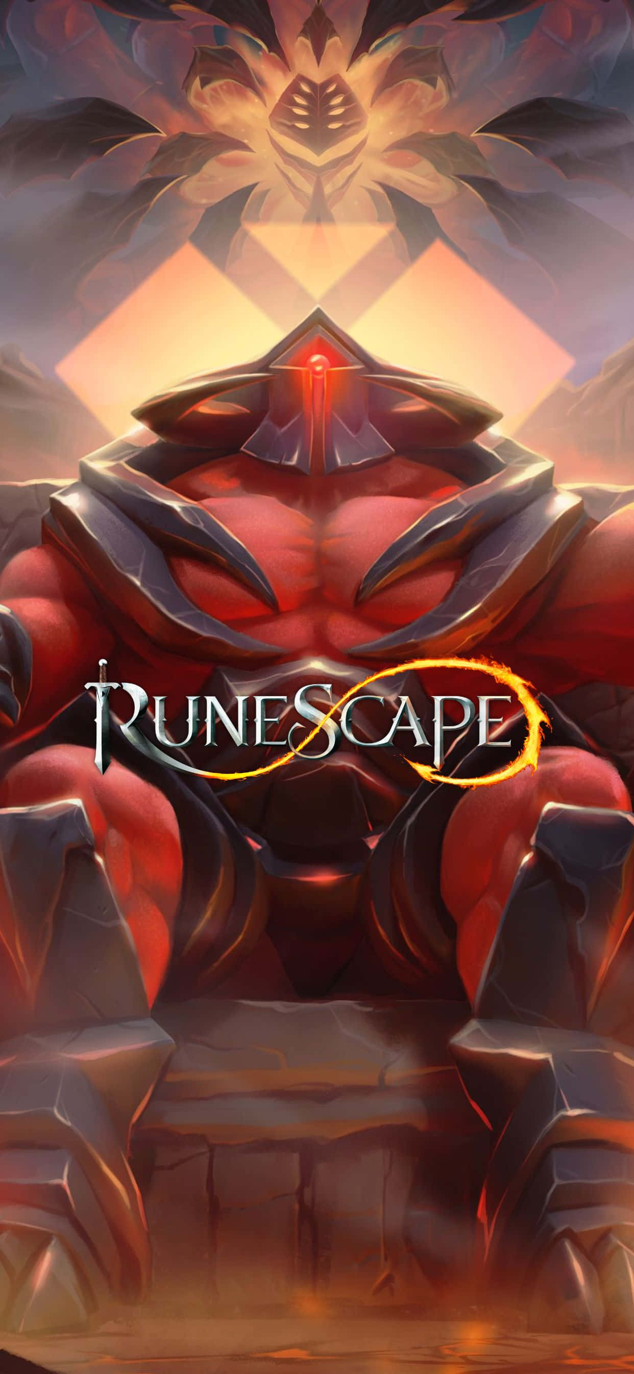 在 iPhone Xs Max 上征服《Runescape》的世界 壁紙 — 一個高大的紅色裝甲戰士，眼睛發光，坐在一個放射狀幾何天空下的王座上，處於奇幻遊戲場景中。