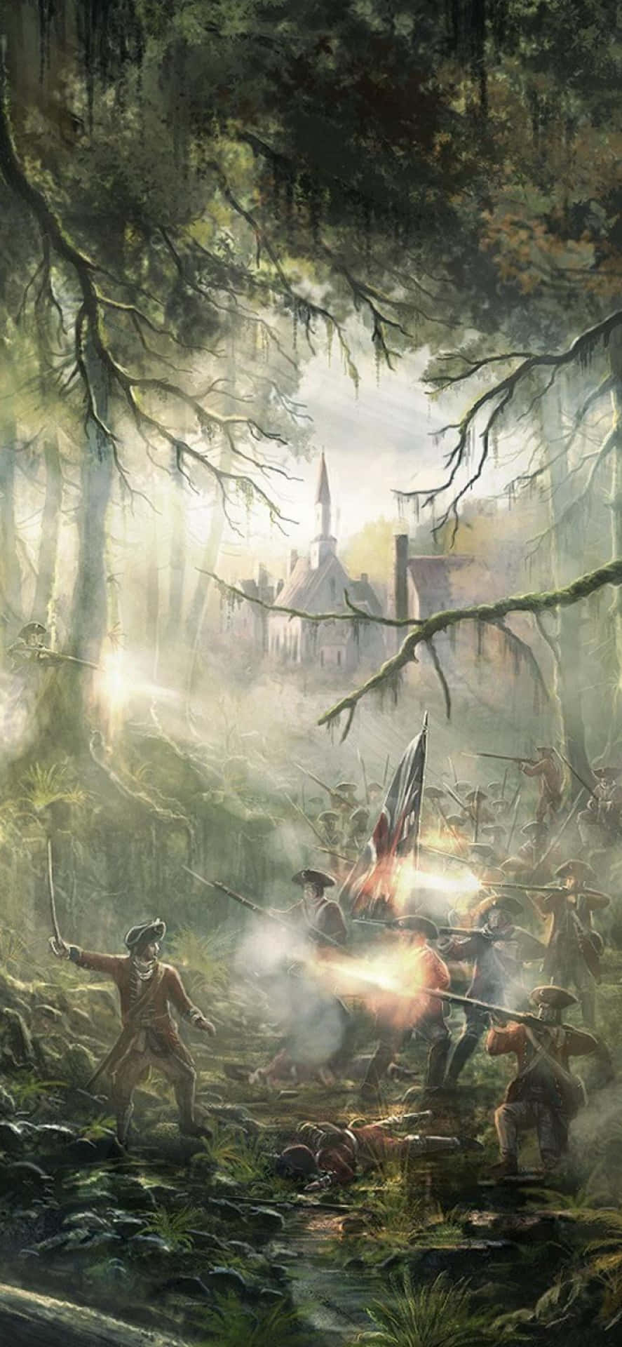 沼澤森林中的歷史戰鬥場景，士兵們在遠處教堂附近開火。