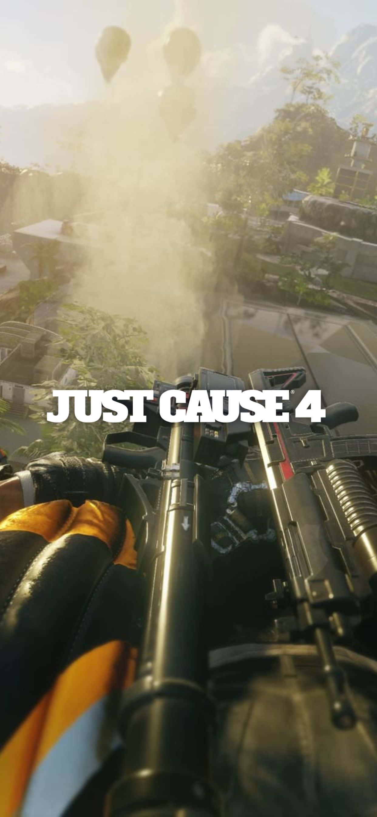 在 iPhone XS Max 上暢玩 Just Cause 4！ 壁紙 — 第一人稱視角，在茂密的叢林山谷中發射重型武器，上空有熱氣球漂浮。