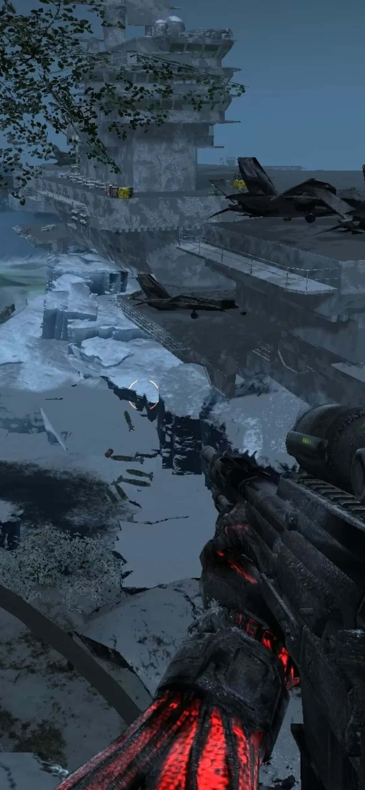 在 iPhone Xs Max 上體驗《Crysis Warhead》大作 壁紙 — 第一人稱視角，一名士兵在受損航空母艦附近破碎的冰層中揮舞著發光的紅色武器。
