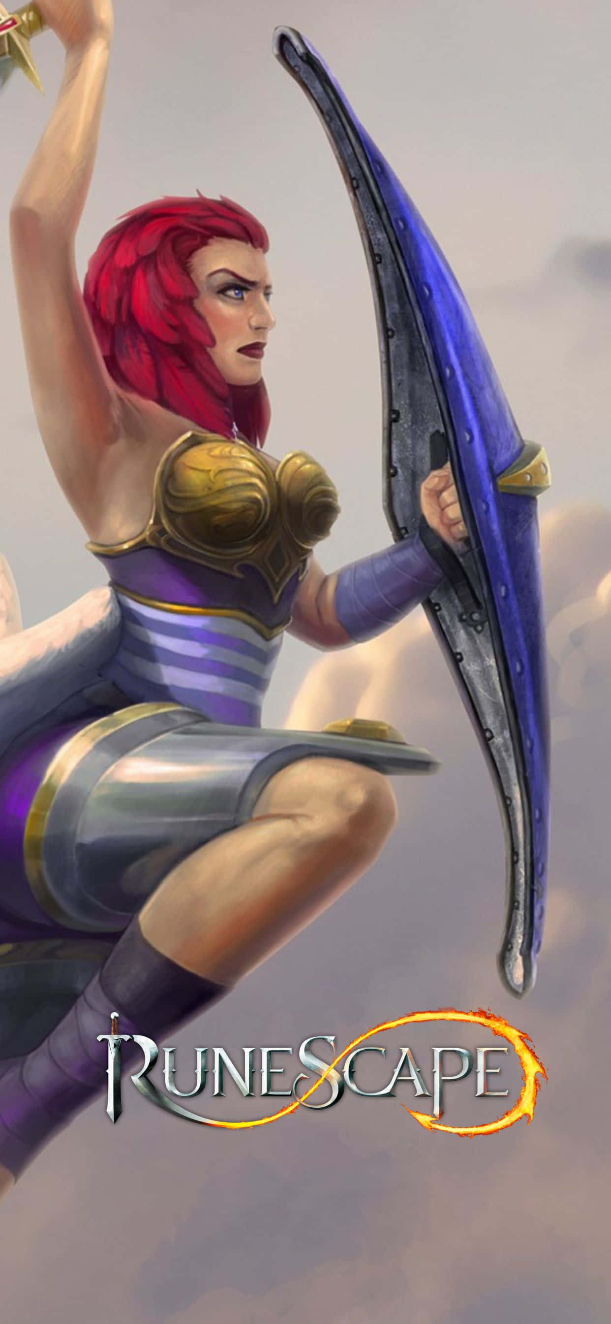 在 iPhone XS Max 上享受《RuneScape》的精彩壁紙 壁紙 — 一位紅髮女弓箭手身穿紫色和金色盔甲，手持弓在陰雲密佈的天空下動態跳躍，下方有Runescape標誌。