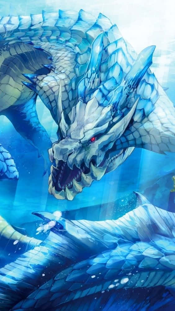 在 iPhone Xs 上享受《Monster Hunter》的世界 壁紙 — 一隻雄偉的冰龍，擁有發光的紅色眼睛和水晶鱗片，潛入深藍色的水下領域。