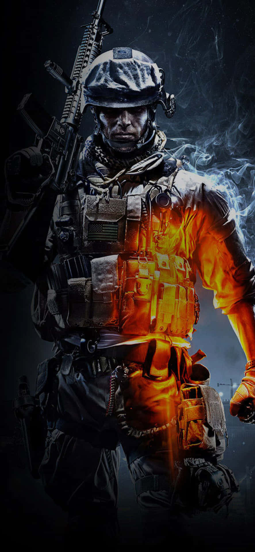 一名身穿戰鬥裝備的士兵在黑暗煙霧背景下被火焰吞噬。