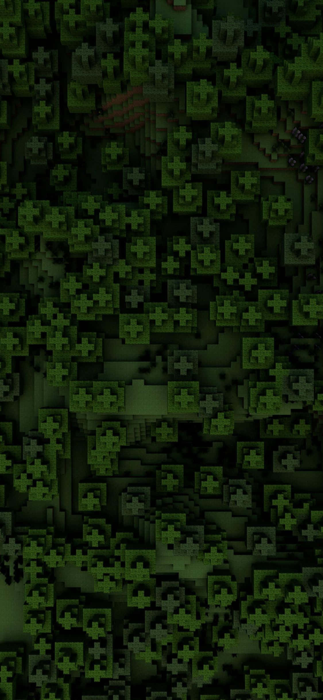在 iPhone Xs 上探索 Minecraft 世界 壁紙 — 一片由綠色方塊組成的密集像素森林，中央有一個模糊的紅色手印。