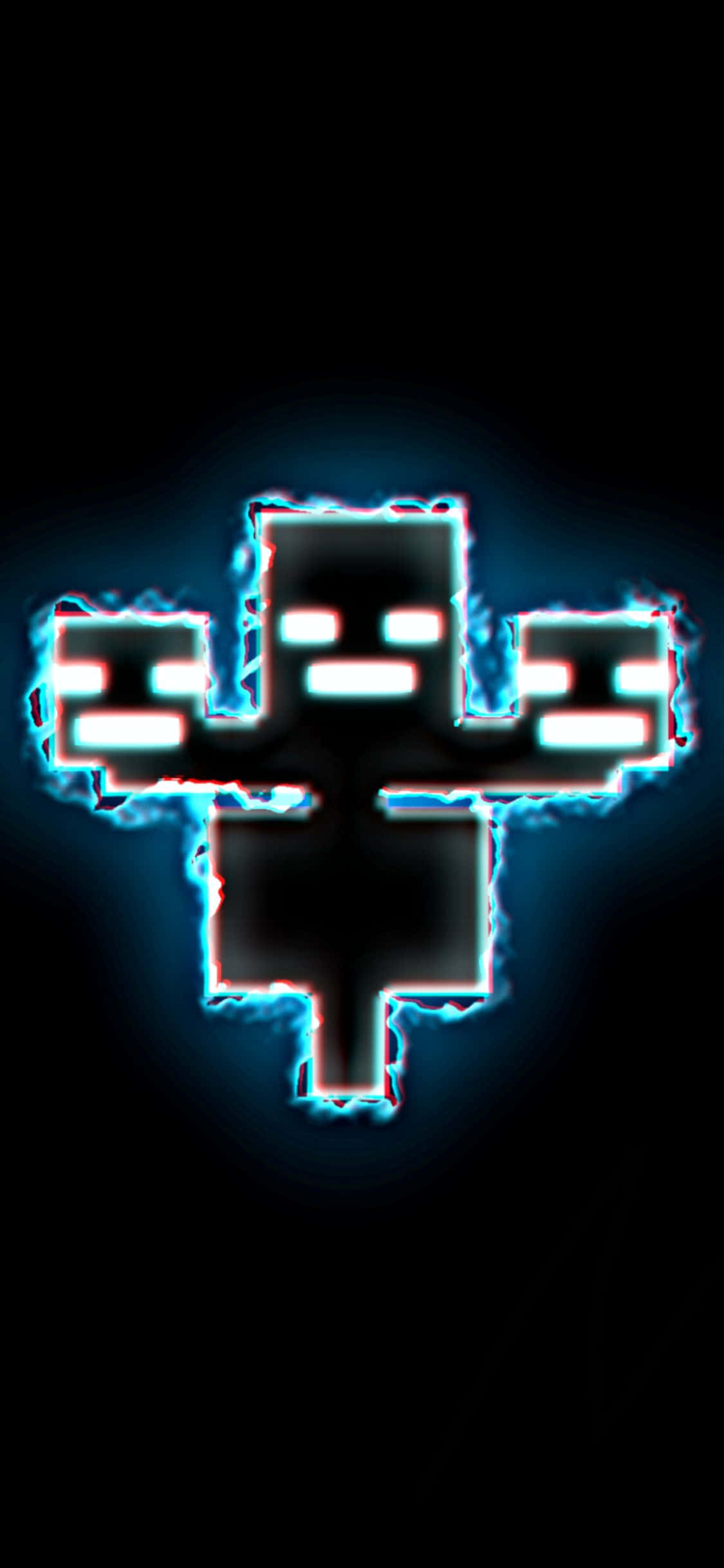 在 iPhone Xs 上探索並拓展《我的世界》 壁紙 — Minecraft 中發光的藍色像素苦力怕在黑色背景上帶電光環突出顯示。