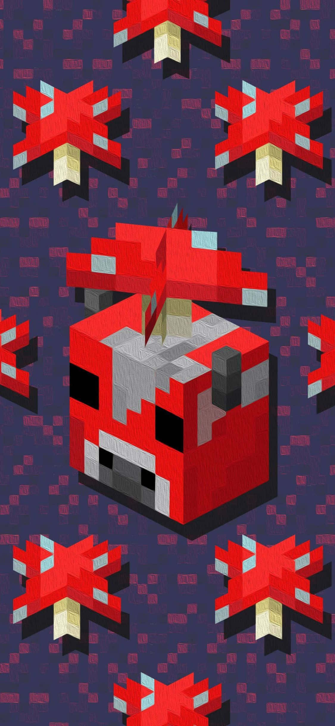 在 iPhone Xs 上沉浸於 Minecraft 的虛擬世界 壁紙 — 一隻像素化的紅色牛戴著紅色蘑菇帽，漂浮在漂浮的紅色蘑菇之間，背景是深紫色網格。