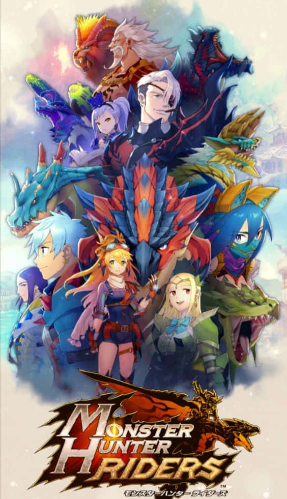 在 iPhone Xs 上狩獵《Monster Hunter World》中的傳奇怪物 壁紙 — 一張充滿活力的動畫海報，描繪了多樣角色騎著色彩繽紛的龍，背景是發光的天空。