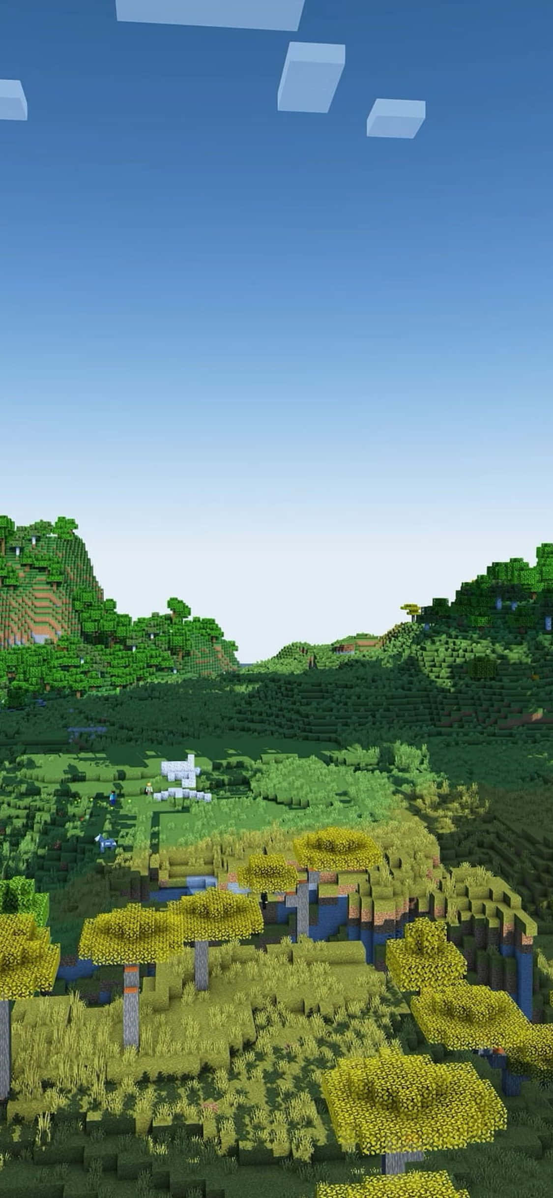 在 iPhone Xs 上玩 Minecraft 壁紙 — 一個充滿活力的像素化景觀，有塊狀的綠色樹木和山丘，在晴朗的藍天下有漂浮的立方體。