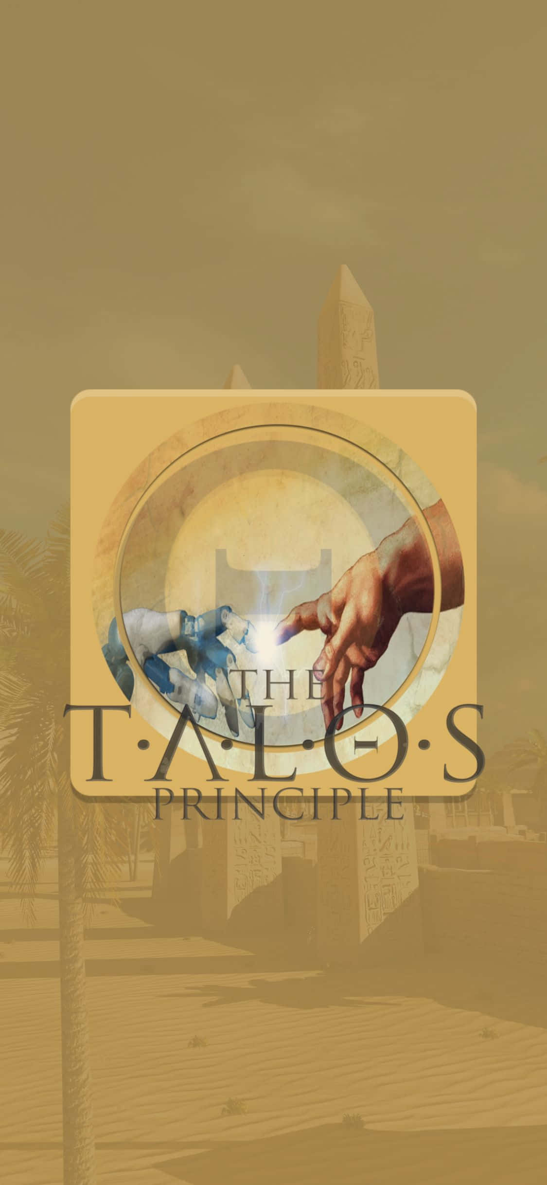 在 iPhone Xs 上體驗《塔洛斯的原則》 壁紙 — The Talos Principle 的棕褐色調遊戲標誌，一隻手伸向發光的球體，背景是古代遺跡。