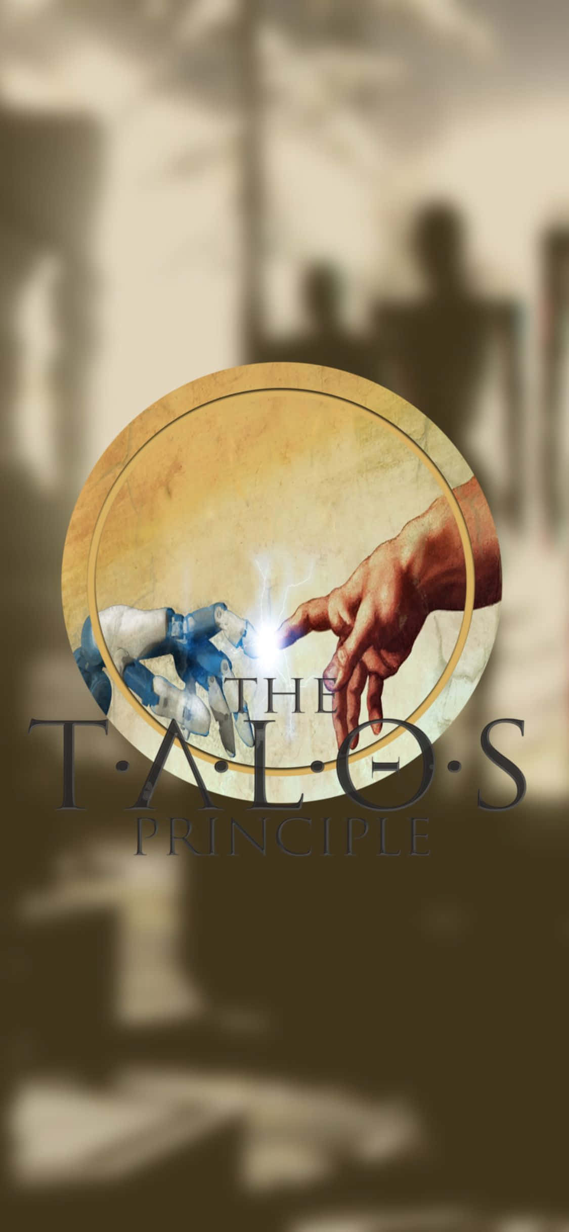 在 iPhone Xs 上體驗《The Talos Principle》的迷人遊戲玩法 壁紙 — 一個圓形標誌展示了一隻人類的手和一隻機械手在懷舊棕色調的模糊背景下以發光的光芒互相觸碰。
