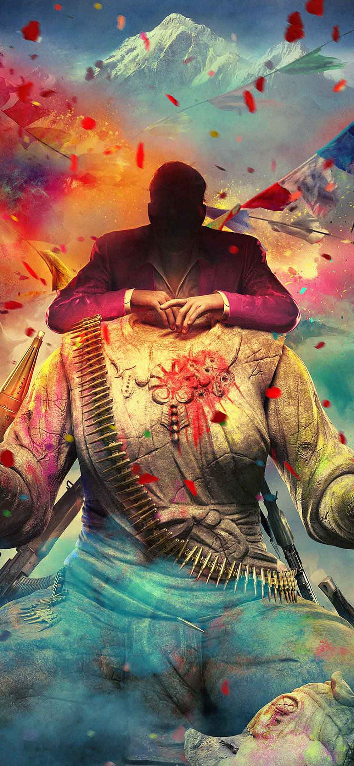 在 iPhone Xs 上體驗《Far Cry 4》的開放世界冒險 壁紙 — 一個穿著西裝的男人的剪影坐在一個巨大士兵的軀幹上，鮮血和五彩紙屑在群山環繞的天空中爆炸。