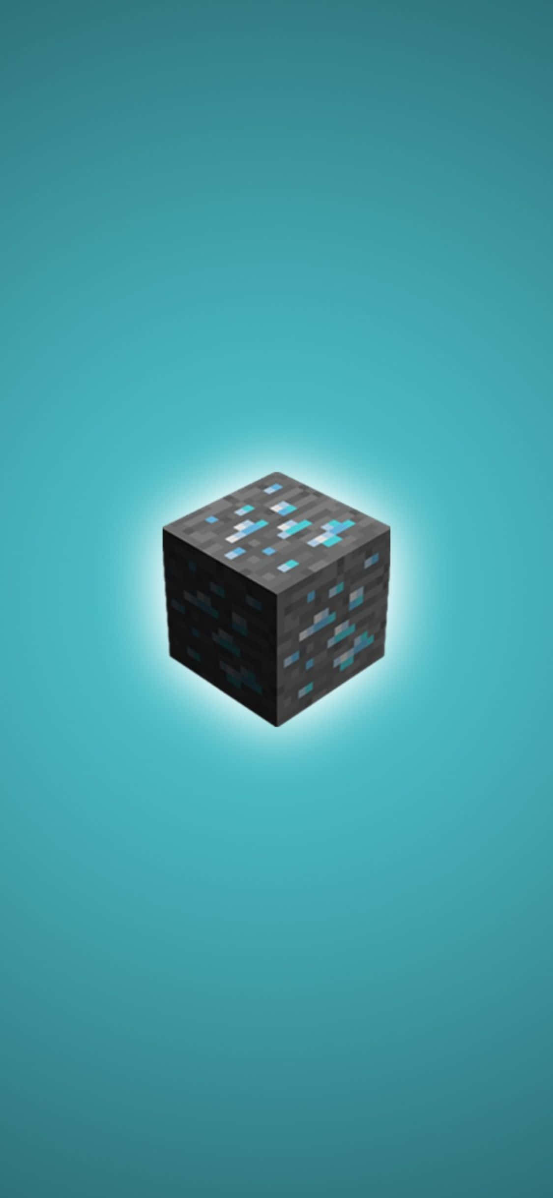 在 iPhone Xs 畫面上沉浸於《我的世界》 壁紙 — 一個來自Minecraft的發光像素化鑽石礦石方塊，在純色青綠漸變背景中央漂浮。