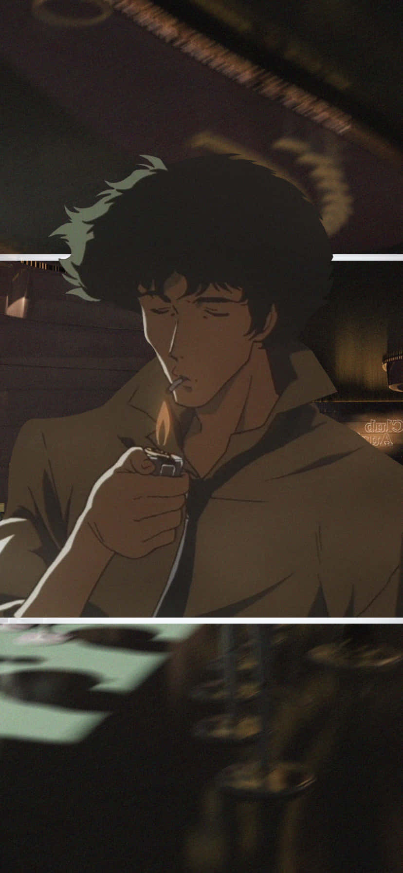 動畫男人在昏暗酒吧點煙，溫暖照明