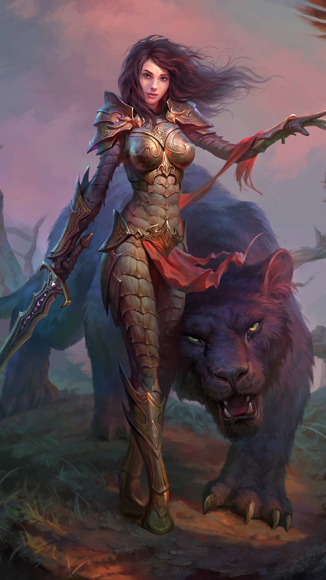 暮色中與黑豹相伴的奇幻女戰士