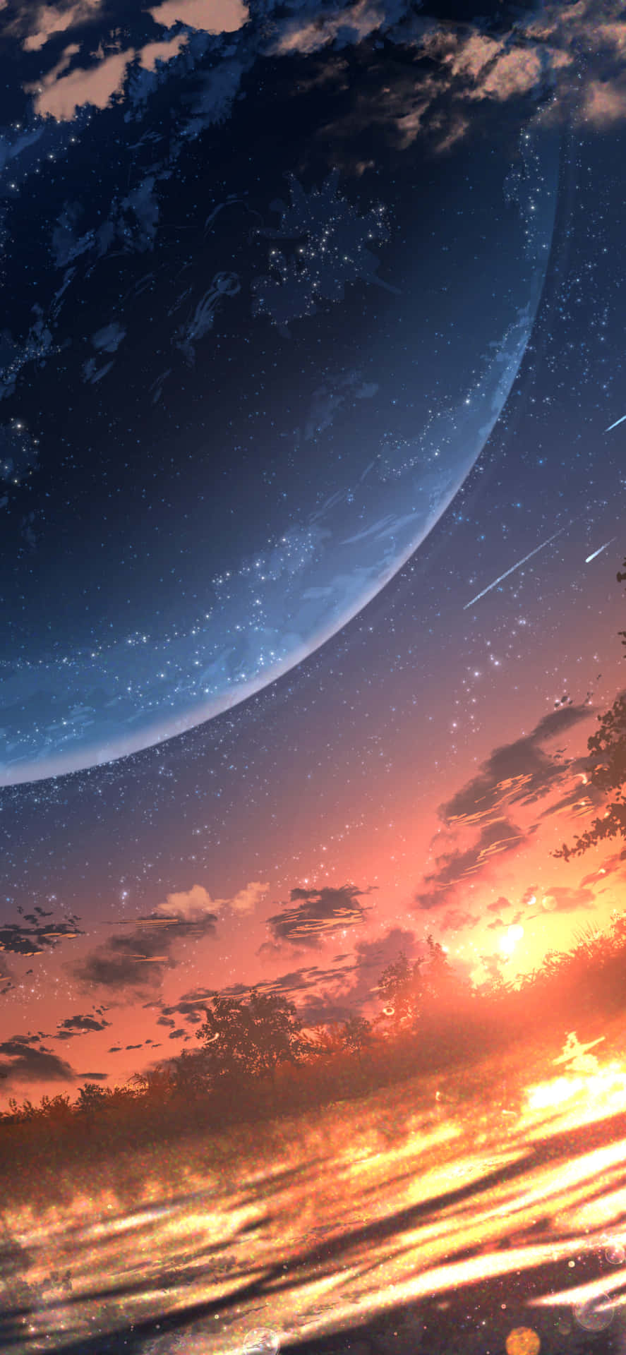 一個在日落時分的行星，星空中有發光的雲和流星。