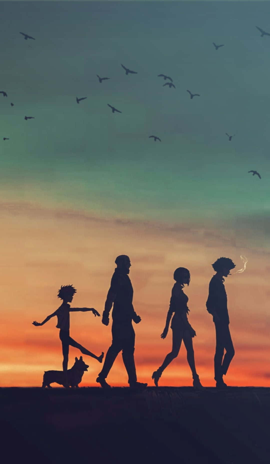 家庭和狗在夕陽天空下的剪影，鳥兒飛翔。