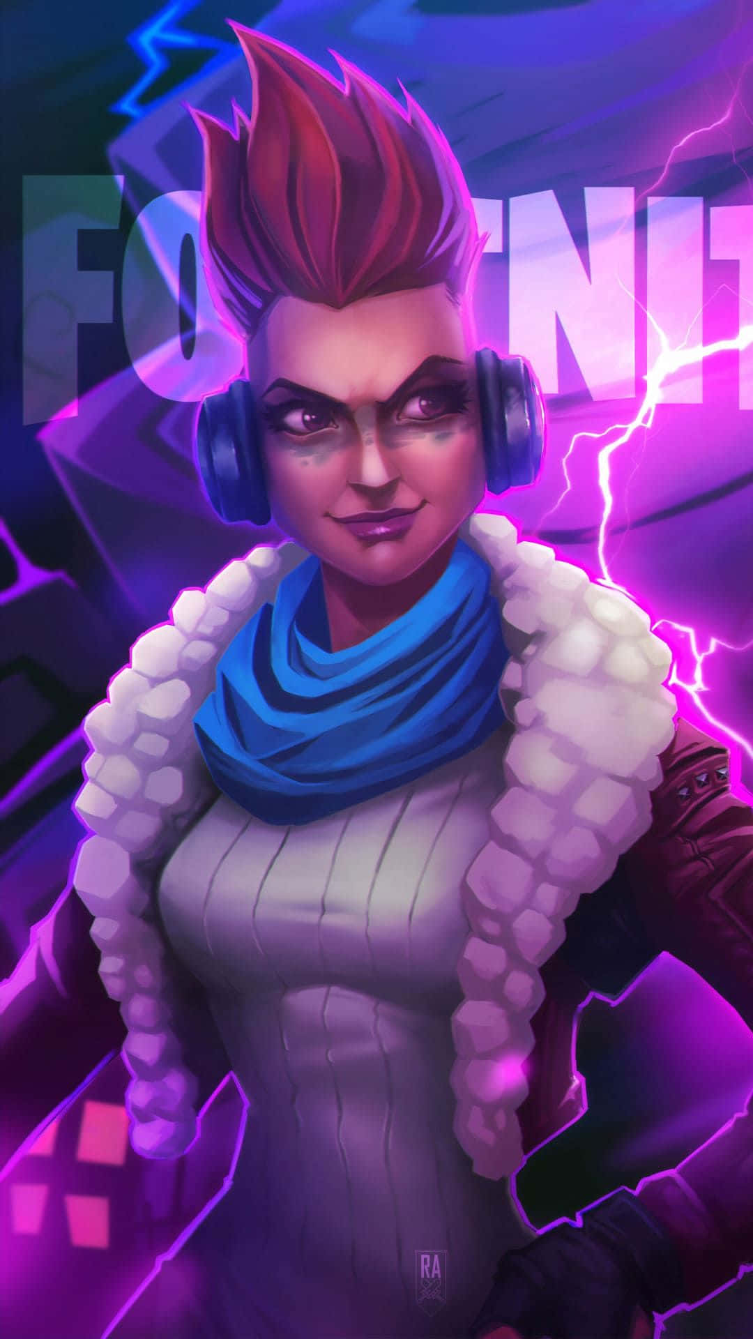 Fortnite角色，紅髮和耳機，背景是紫色閃電。