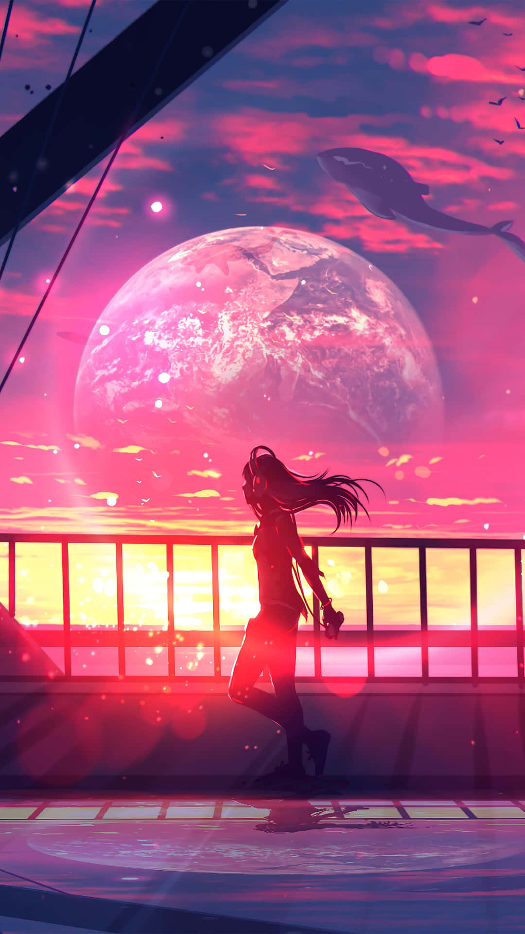 動漫女孩剪影在橋上觀看巨大的粉紅色行星和飛行的鯨魚在夕陽下。