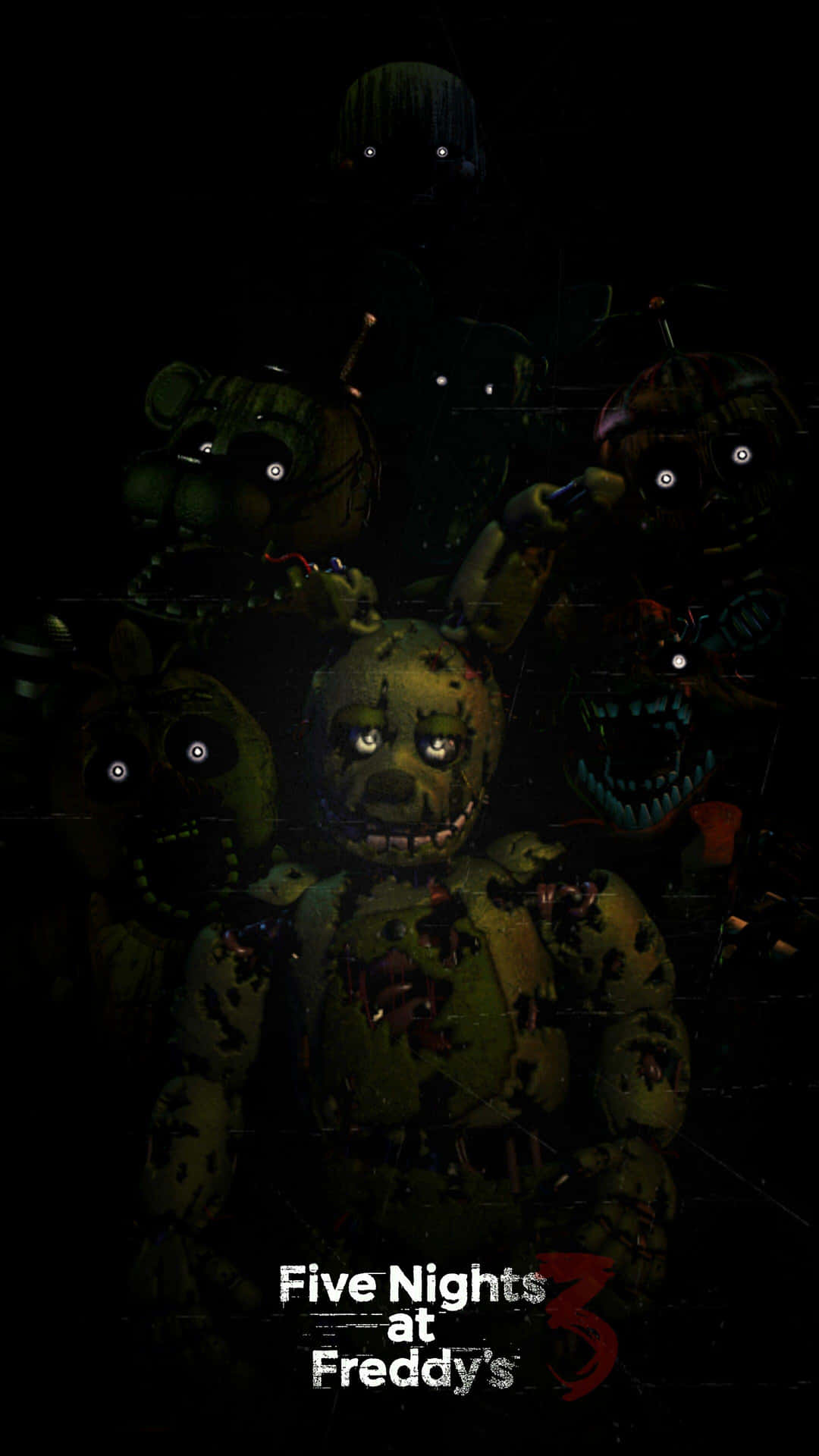 在黑暗環境中，Five Nights at Freddy's 的機械人偶眼睛發光。