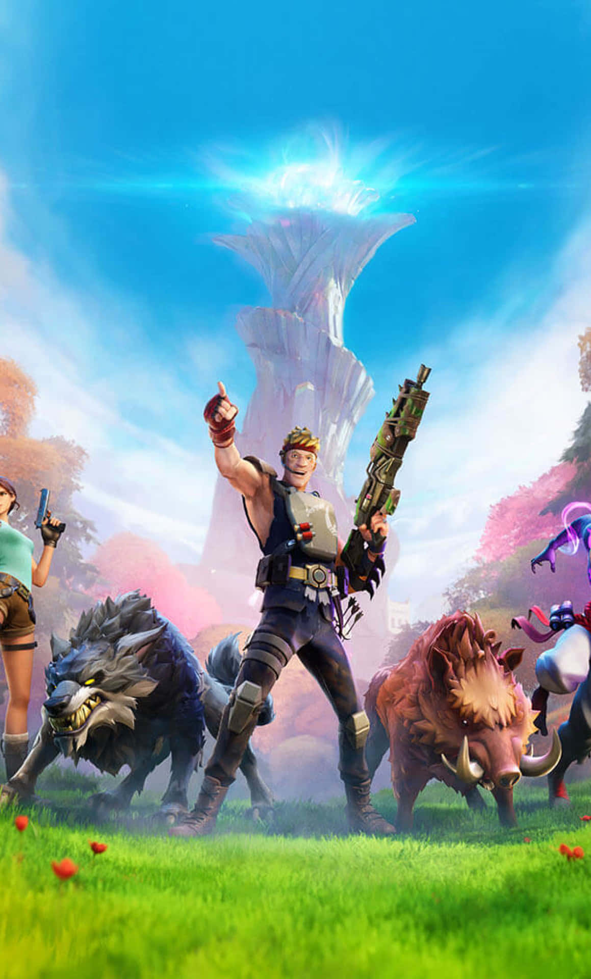 Fortnite角色與狼和野豬寵物在發光塔附近的奇幻田野中