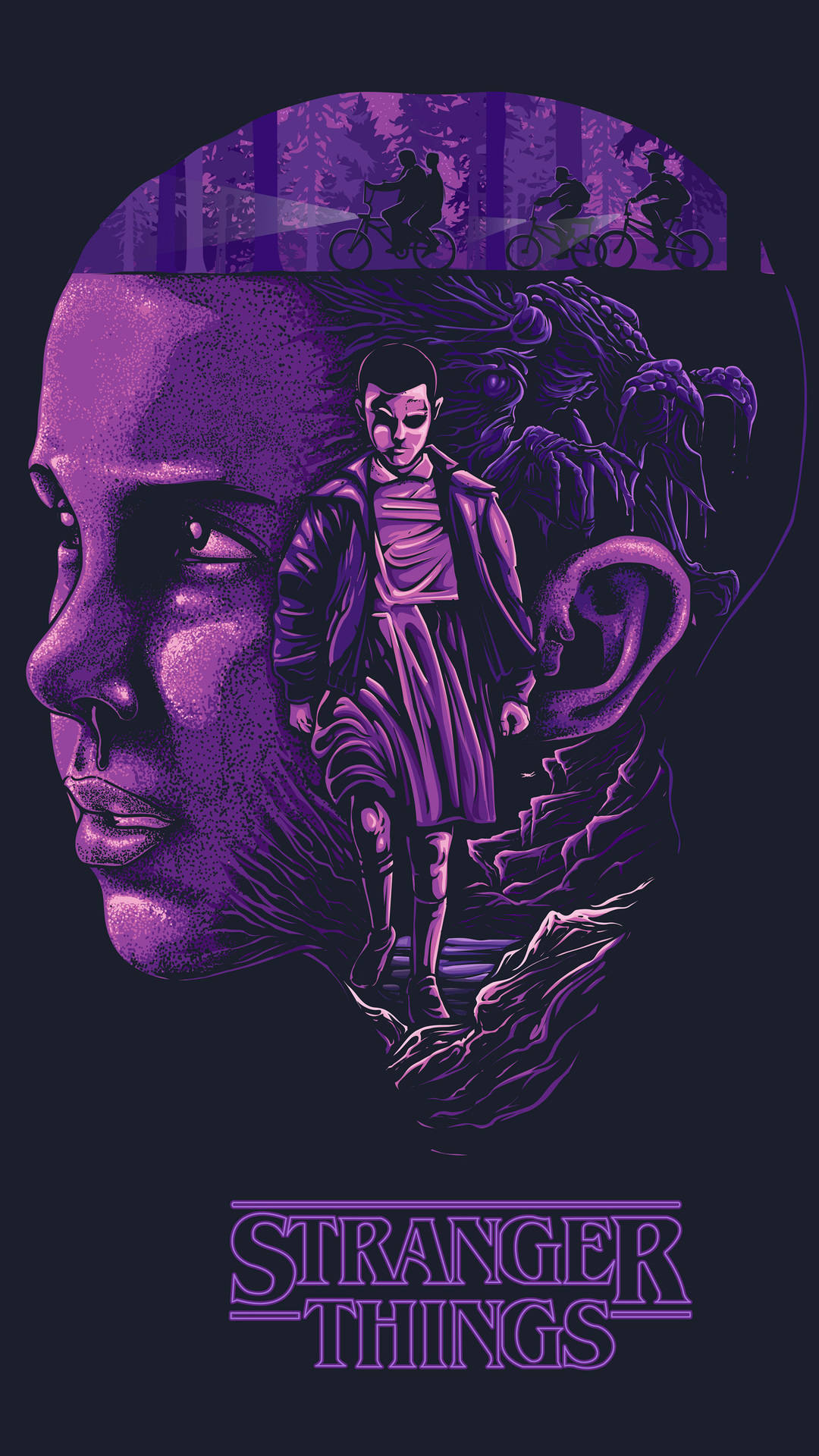 Stranger Things 的紫色插圖海報， featuring 一個女孩在森林中，有單車和一個怪物。
