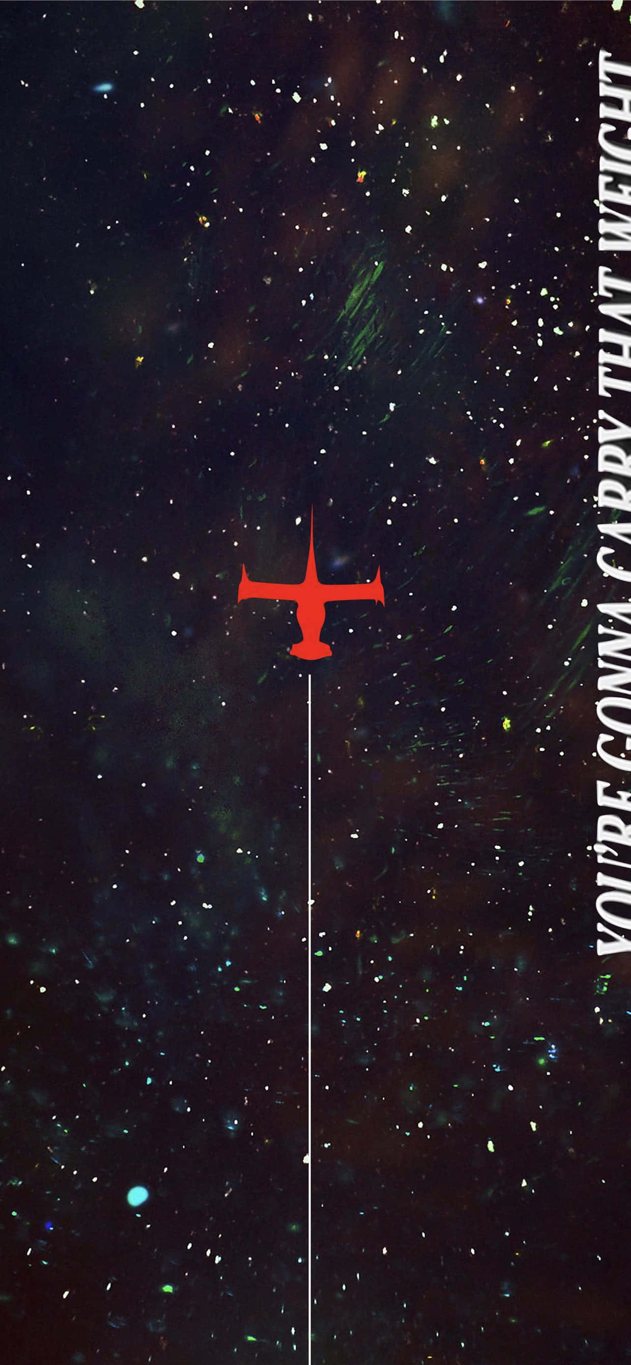 星空宇宙中的紅色飛機剪影與垂直文字