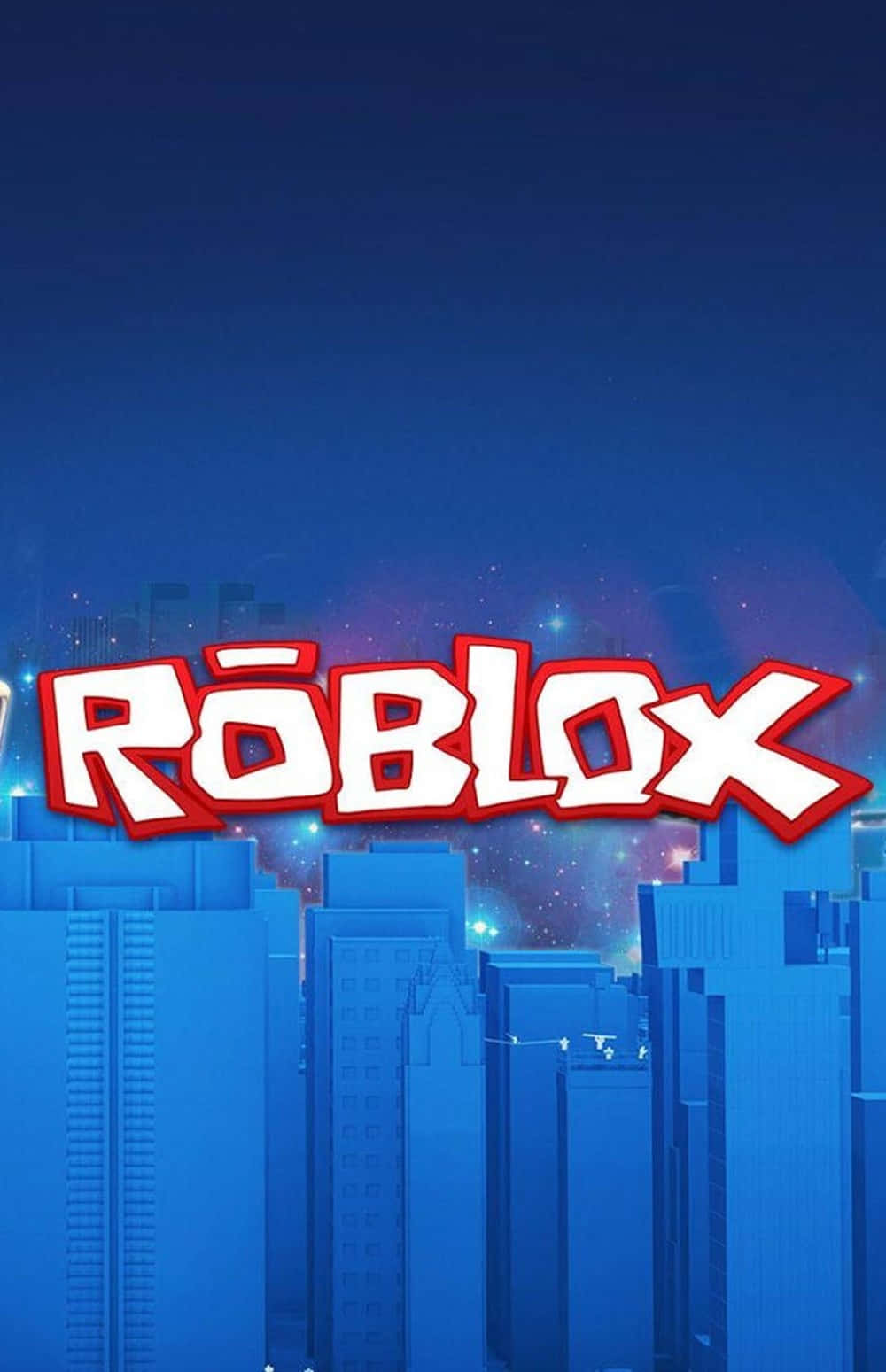 Roblox標誌在夜間藍色城市天際線上發光。