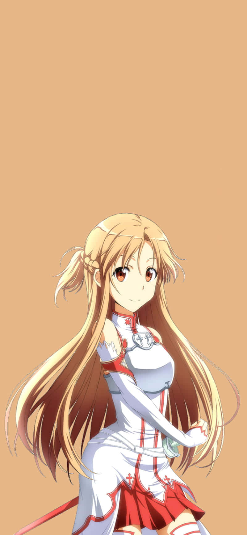 長金髮、身穿白色和紅色服裝的動漫女孩微笑著拿著劍。