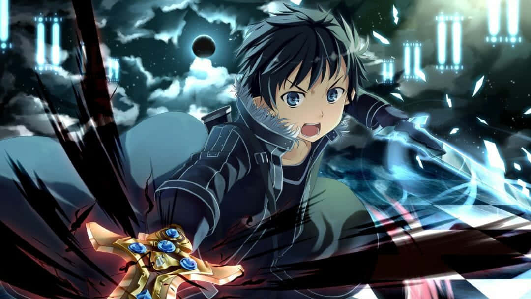 動漫男孩穿著深色夾克，在暴風雨夜空下揮舞發光的劍，背景有黑色月亮。