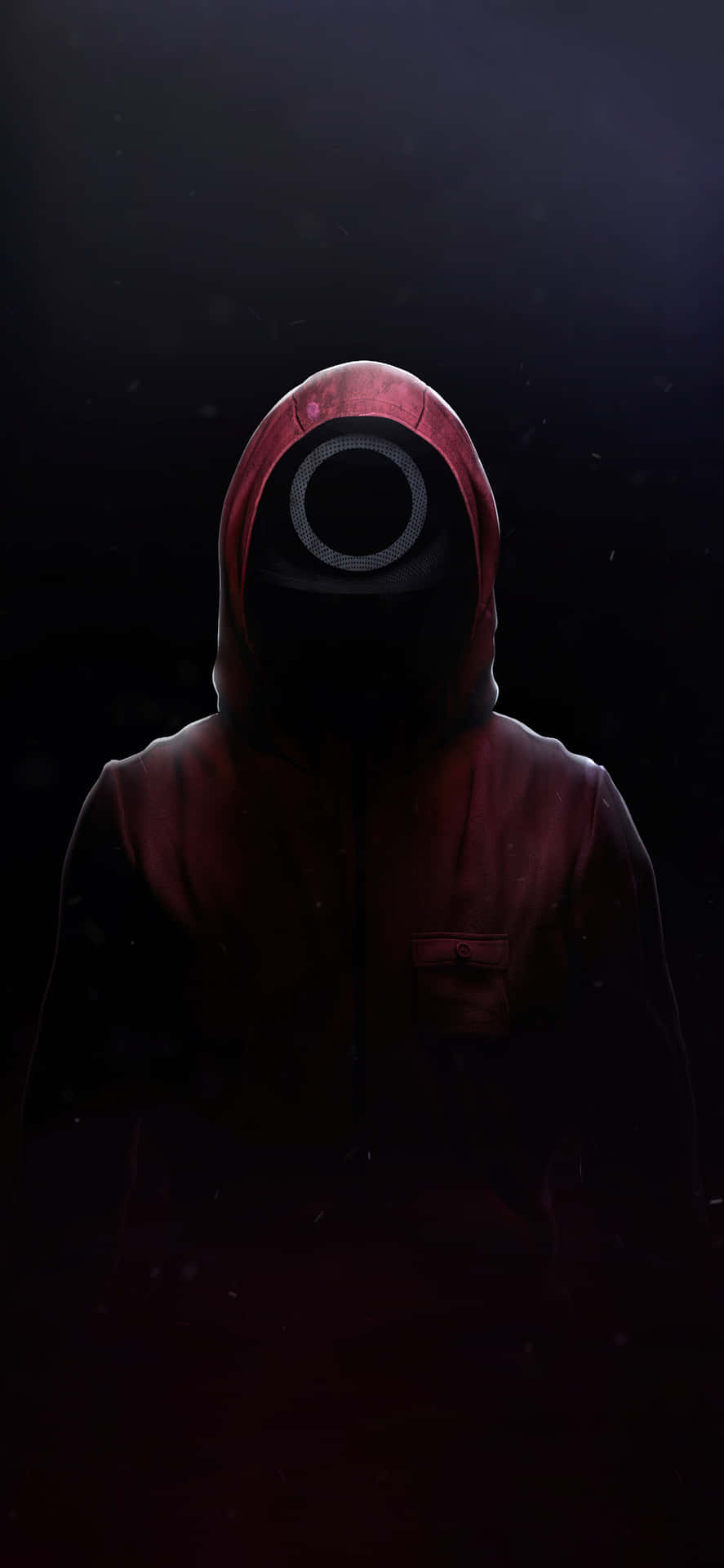一個 hooded 人物喺黑暗環境中帶住發光嘅眼罩。