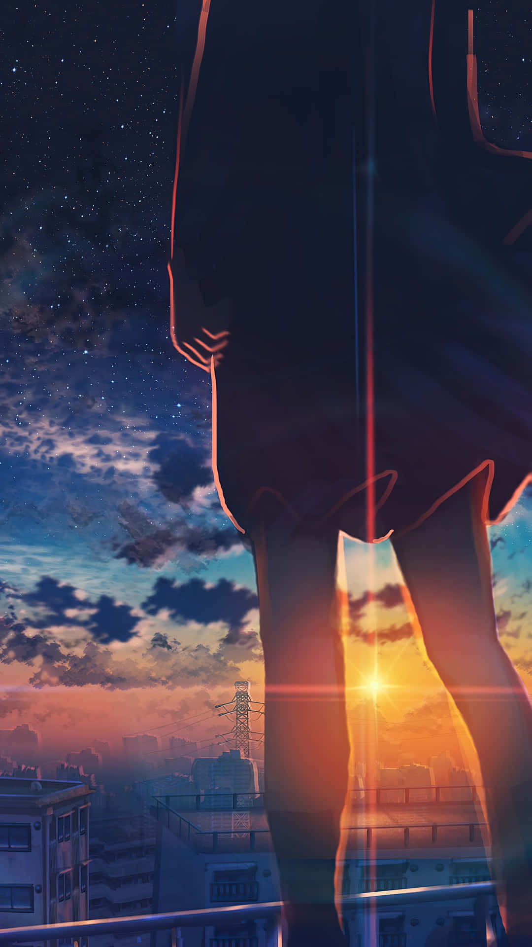 動漫角色剪影在屋頂上觀看夕陽西下，城市上空繁星點點