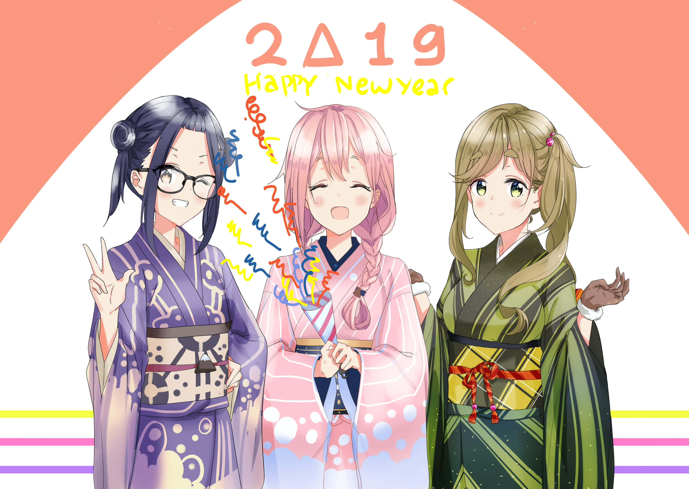 在 Laid Back Camp 放鬆並欣賞自然之美 壁紙 — 三個穿著色彩繽紛和服的開心動漫女孩，在柔和漸變背景前以節日姿勢慶祝新年。