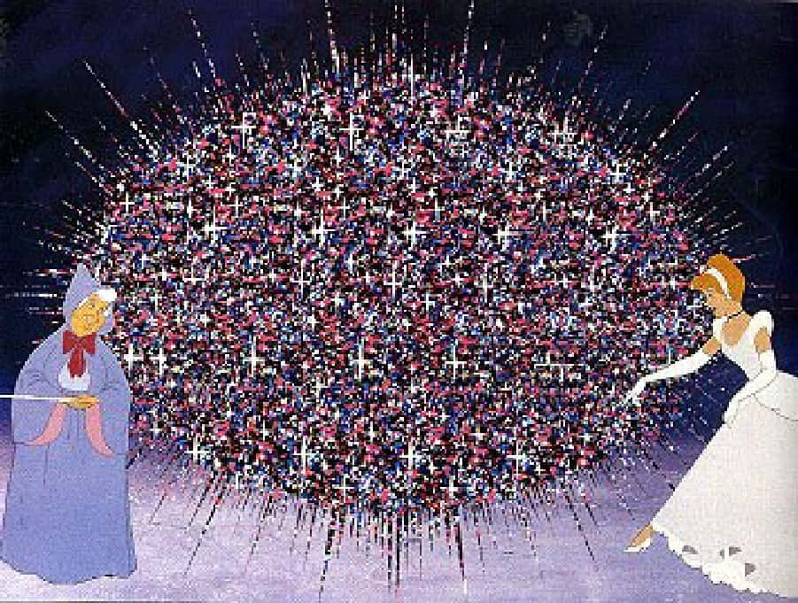 仙女教母和公主在夜晚被魔法閃爍的星星包圍。