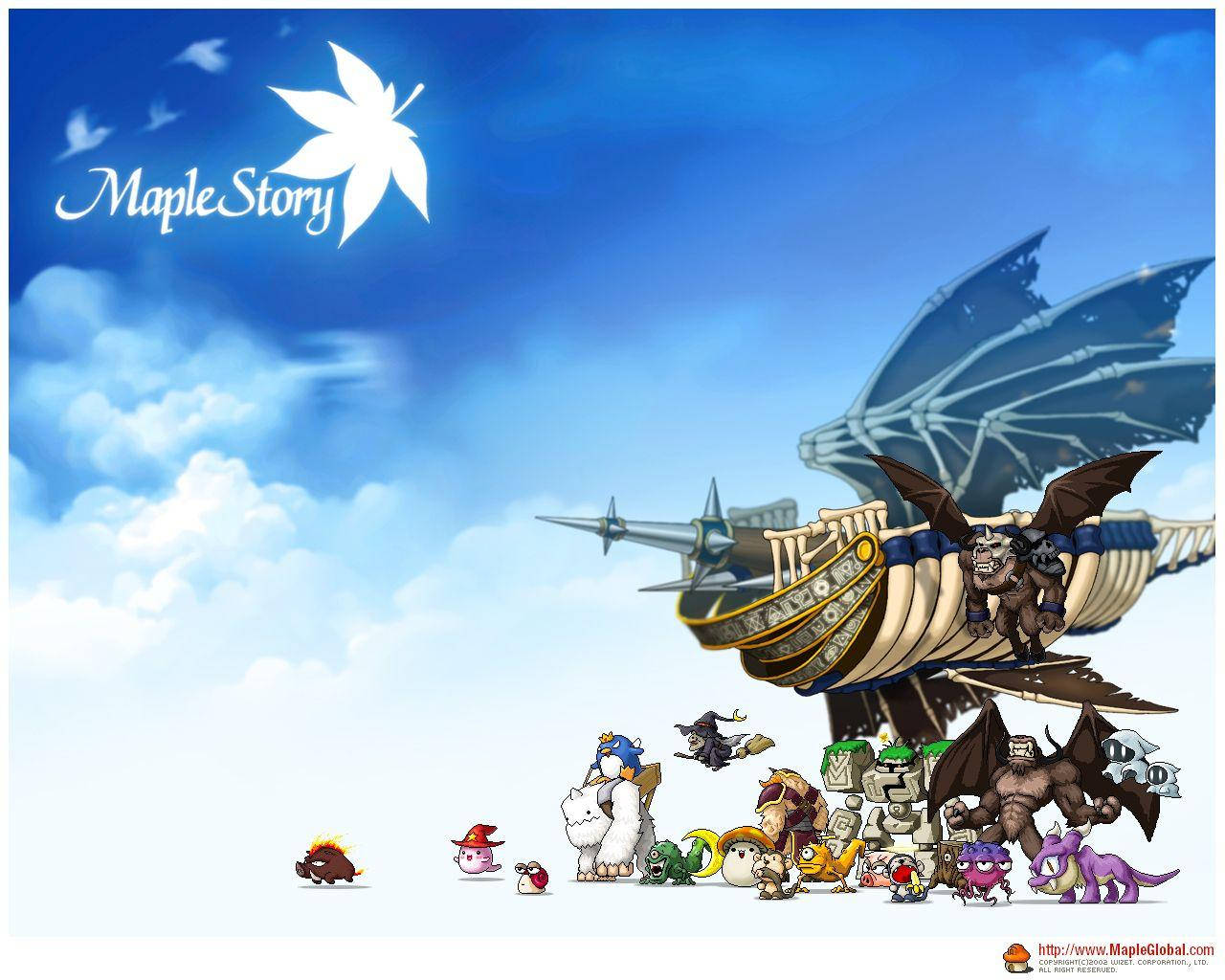 MapleStory 遊戲角色和飛船在藍天白雲下。