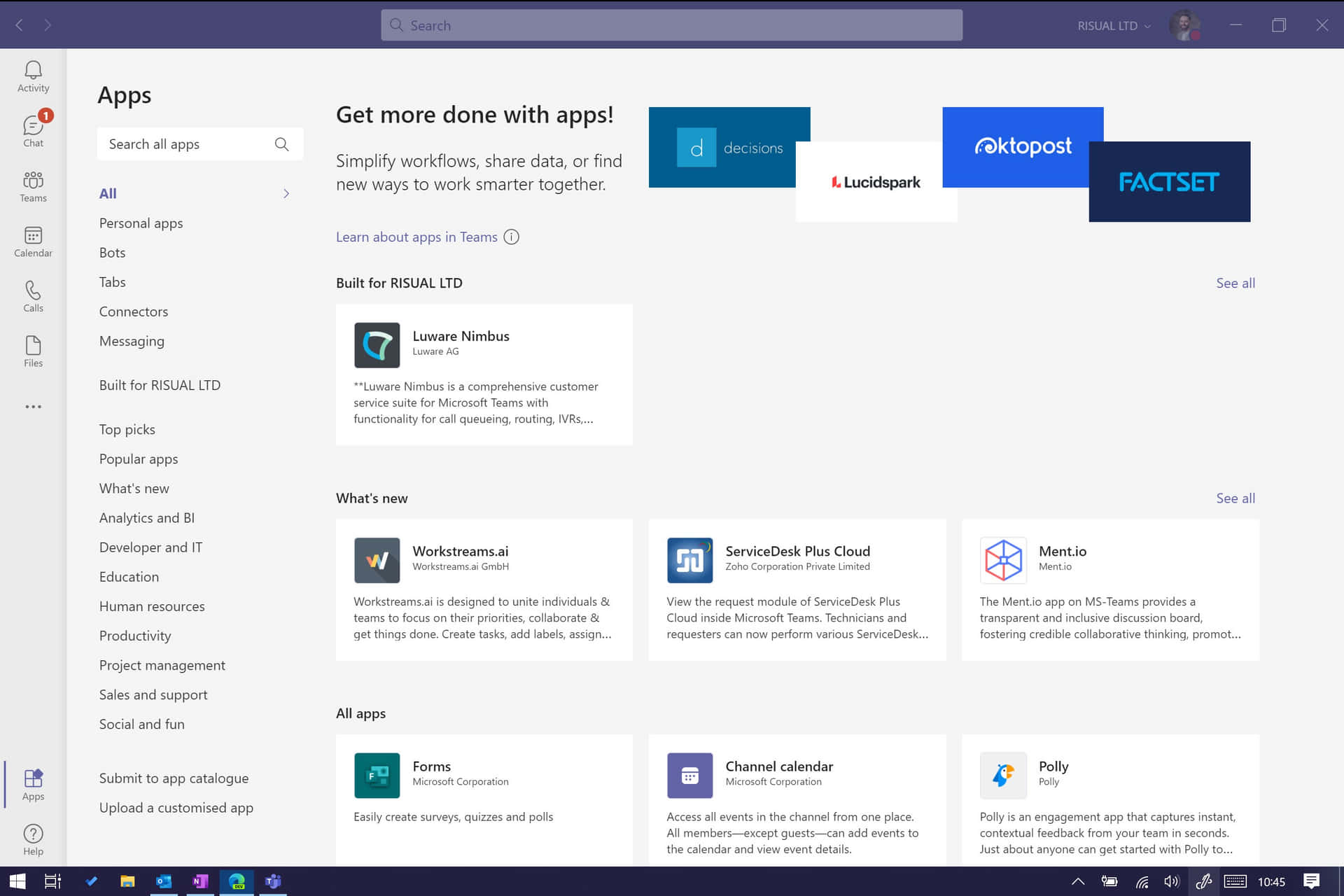 Microsoft Teams 應用程式商店，顯示商業生產力應用程式。