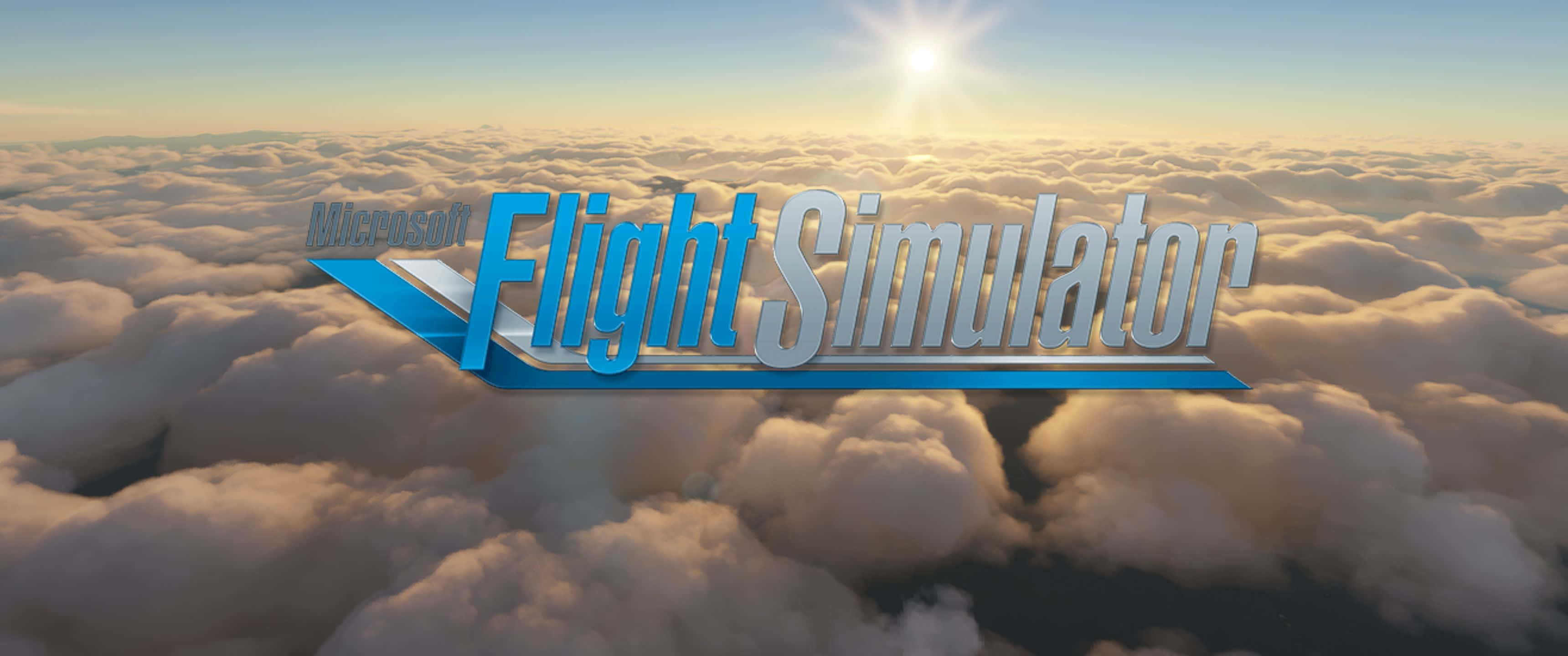 在 Microsoft 飛行模擬器中啟動您的下一次冒險 壁紙 — Microsoft Flight Simulator 標誌漂浮在日出時的金色雲層上方，頭頂有明亮的太陽。