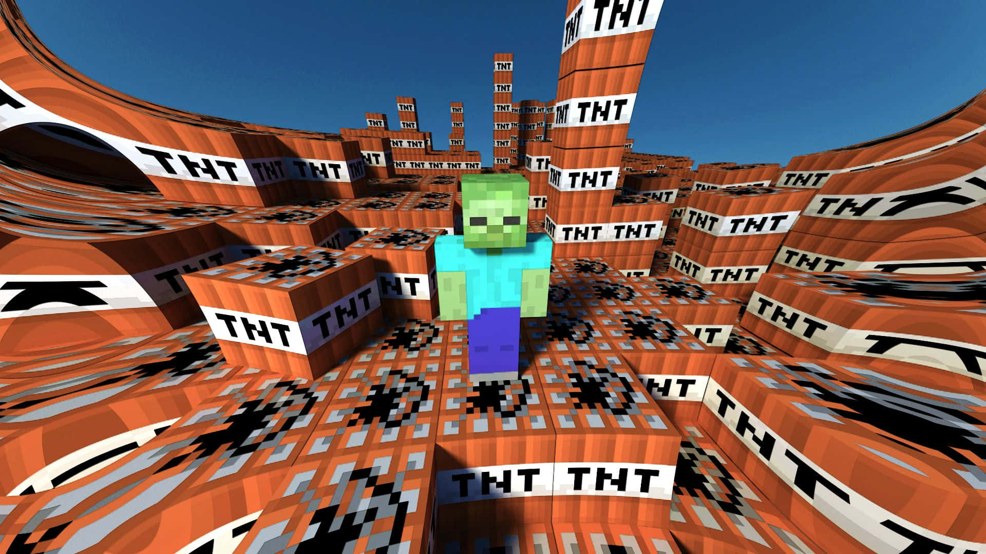 Minecraft 爬行者被像素世界中爆炸的 TNT 磚塊包圍。