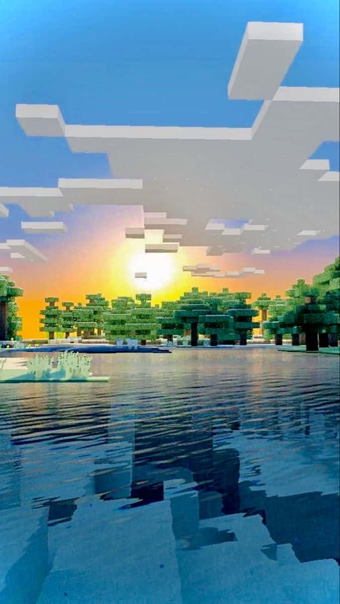 日落時分嘅方塊Minecraft景觀，有樹木同水面倒影。